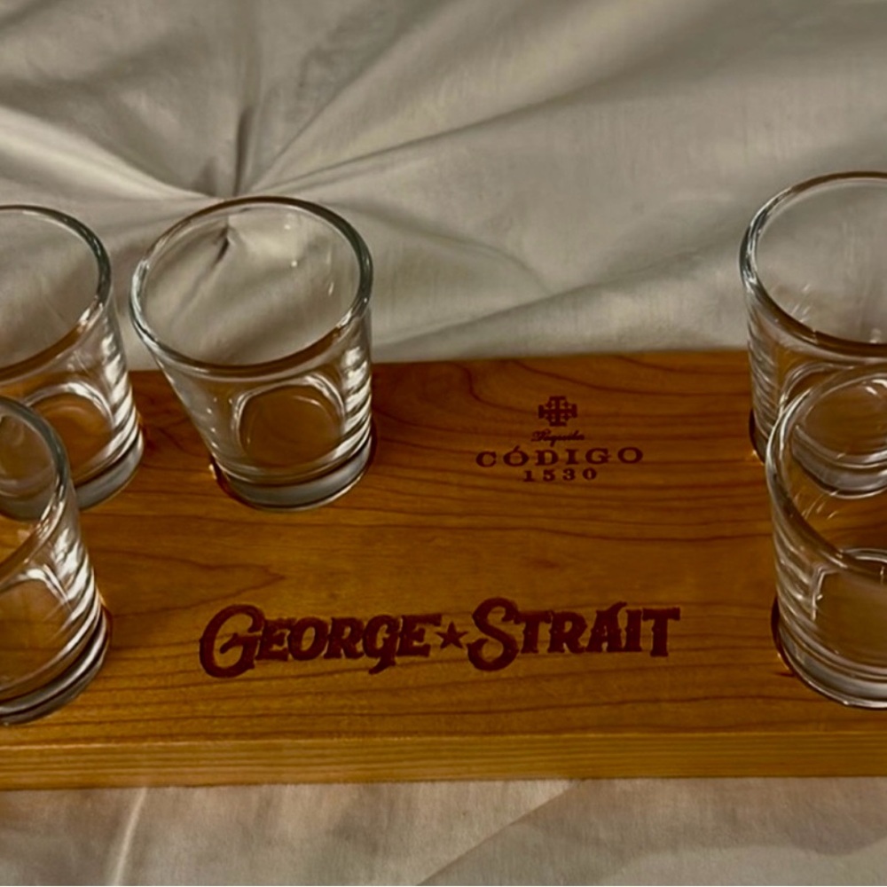 George Strait Codigo 1530 Wood Tray & Shot Glasses from 2023 Stadium Tour VIP